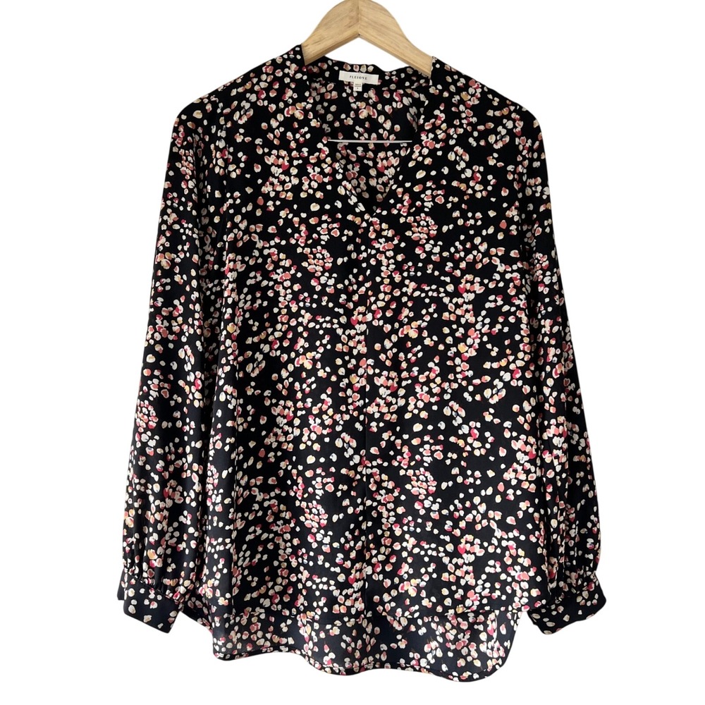 Pleione Black Multicolor Print Long Sleeve‎ V-Neck Blouse Women's Size S